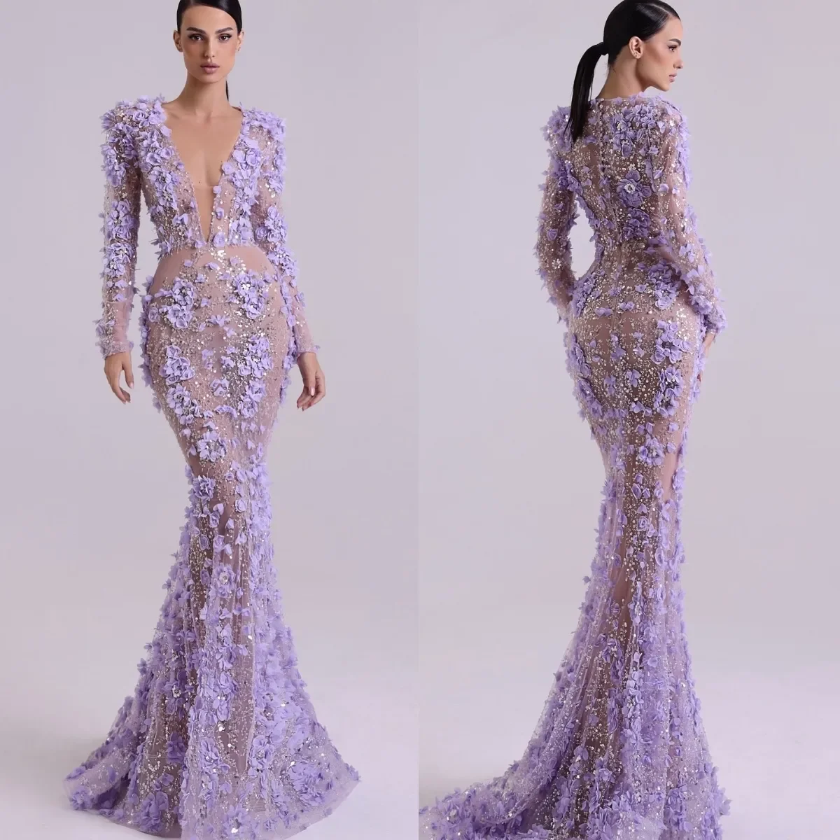 

Gorgeous Lilac Appliqued Mermaid Evening Dresses Plunging V Neck Long Sleeves Evening Gown Floor Length Dresses Customized