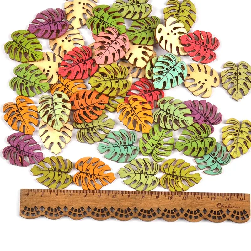 50Pcs Mixed Color Banana Leaf Flatback Wooden Buttons For Sewing Accessories Handmade Crafts DIY Scrapbook Clothes Home Decor