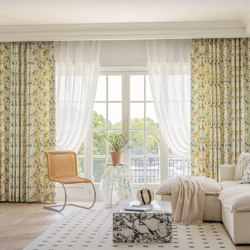 Countryside Floral Print with Cream Beige and Thick Chenille Velvet Curtains for Living Room Bedroom Balcony Bay Window