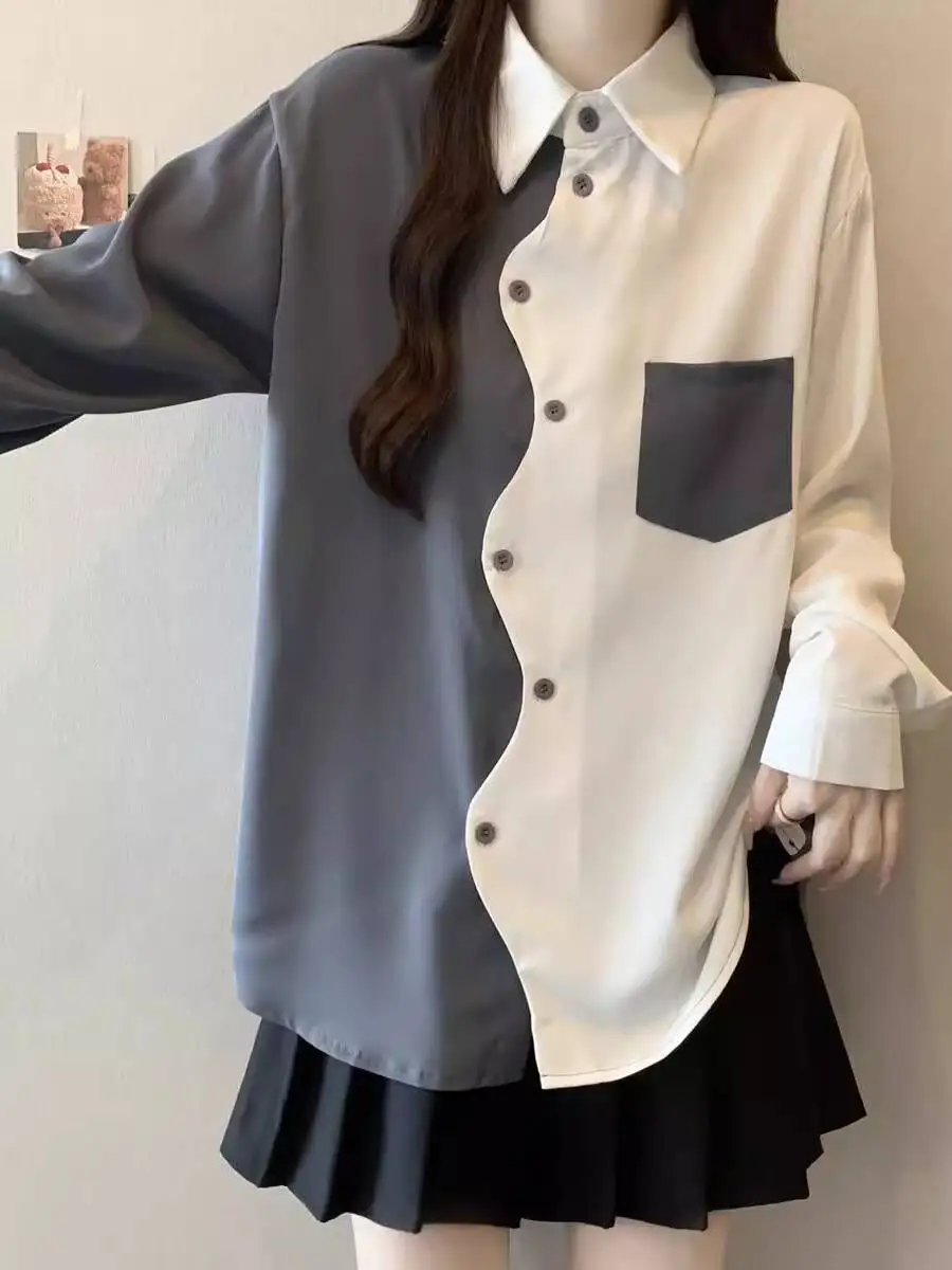 Large Size Women's Autumn Shirt Fashionable Color Block Design Irregular Long Sleeve Loose Fit Versatile Single Button Top