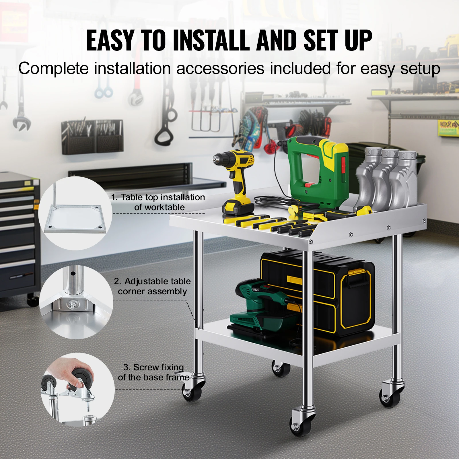 SucceBuy roestvrijstalen werktafel Commerciële werktafel voor voedselbereiding met 4 wielen zwenkwielen 3-zijdige backsplash metalen werktafel