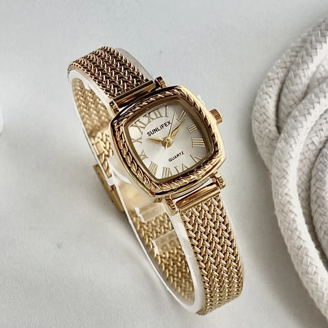 Sunlifex Vintage złoty mała tarcza kwarcowy damski zegarek na rękę elegancki zegarek kobieta bransoletka Casual zegarek dla kobiet Relogio Feminino