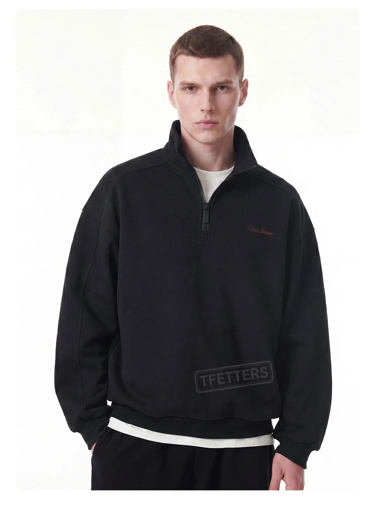 TFETTERS Fall Loose Cotton Half Zip Sweatshirt for Men Heather Gray Stand Collar Minimal Embroidered Casual Tops for Man EU SIZE