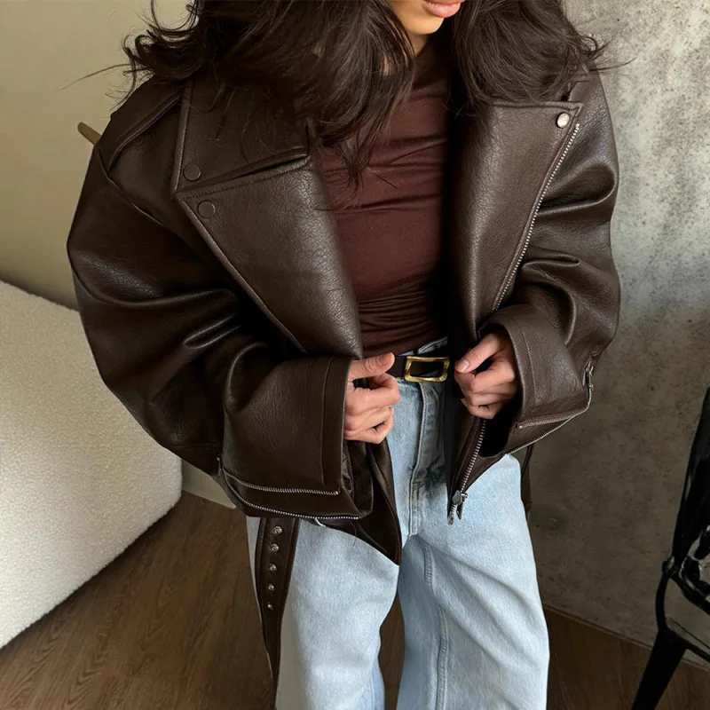 Women's High-end Design Sense New Temperament Lapel Short Strap-up Trendy INS Brown Leather Jacket