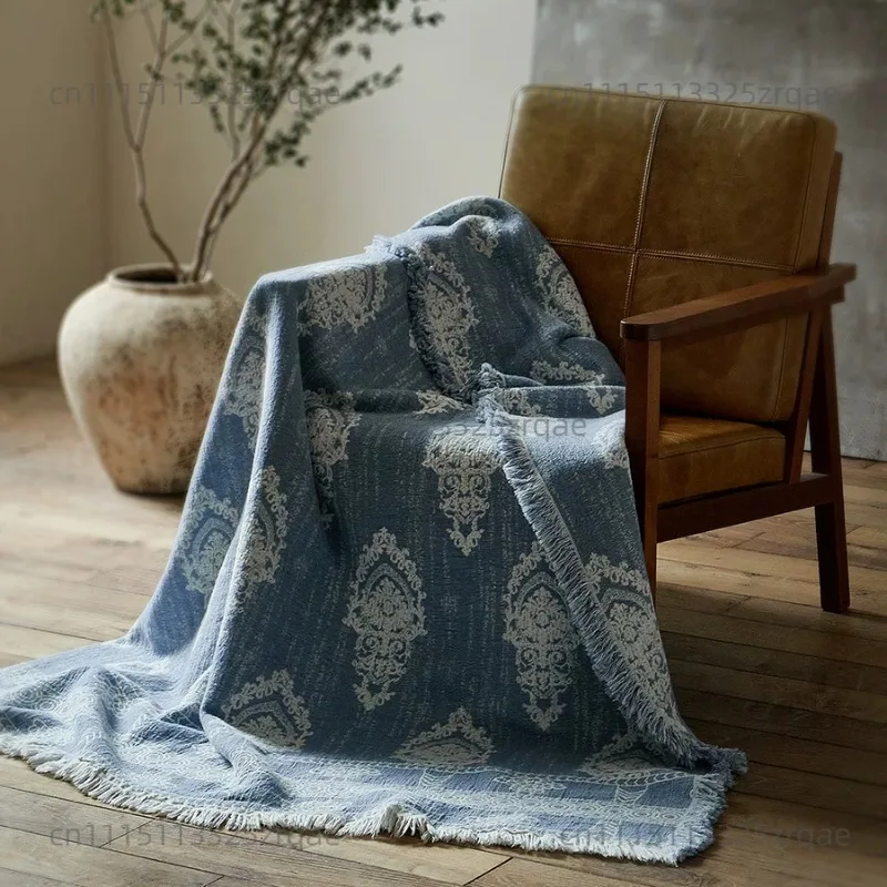 Cotton Linen Jacquard Tassel Blanket, Sofa Throw Blanket, Office Nap Blanket, Bed End Decorative Blanket for Home and Hotel Use