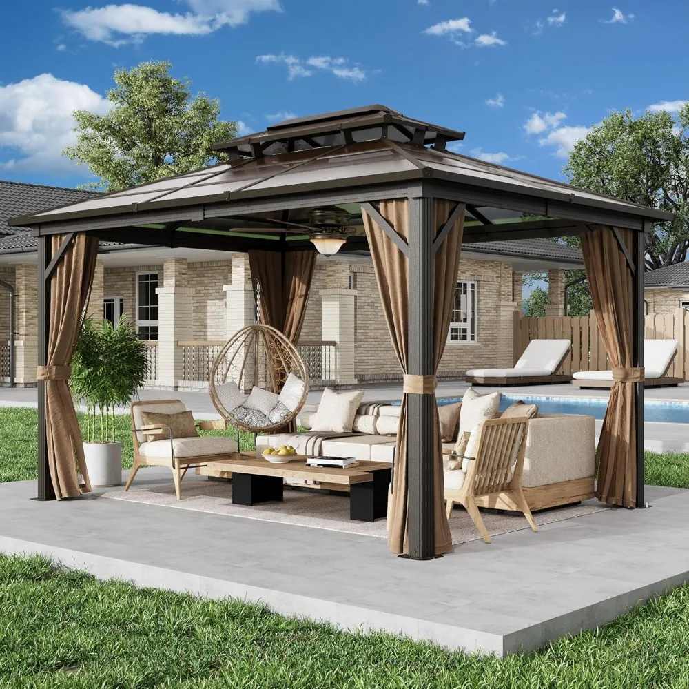 

10' x 13' Gazebo Polycarbonate Double Roof Canopy Outdoor Aluminum Frame Pergola, Permanent Pavilion with Netting and Curtains