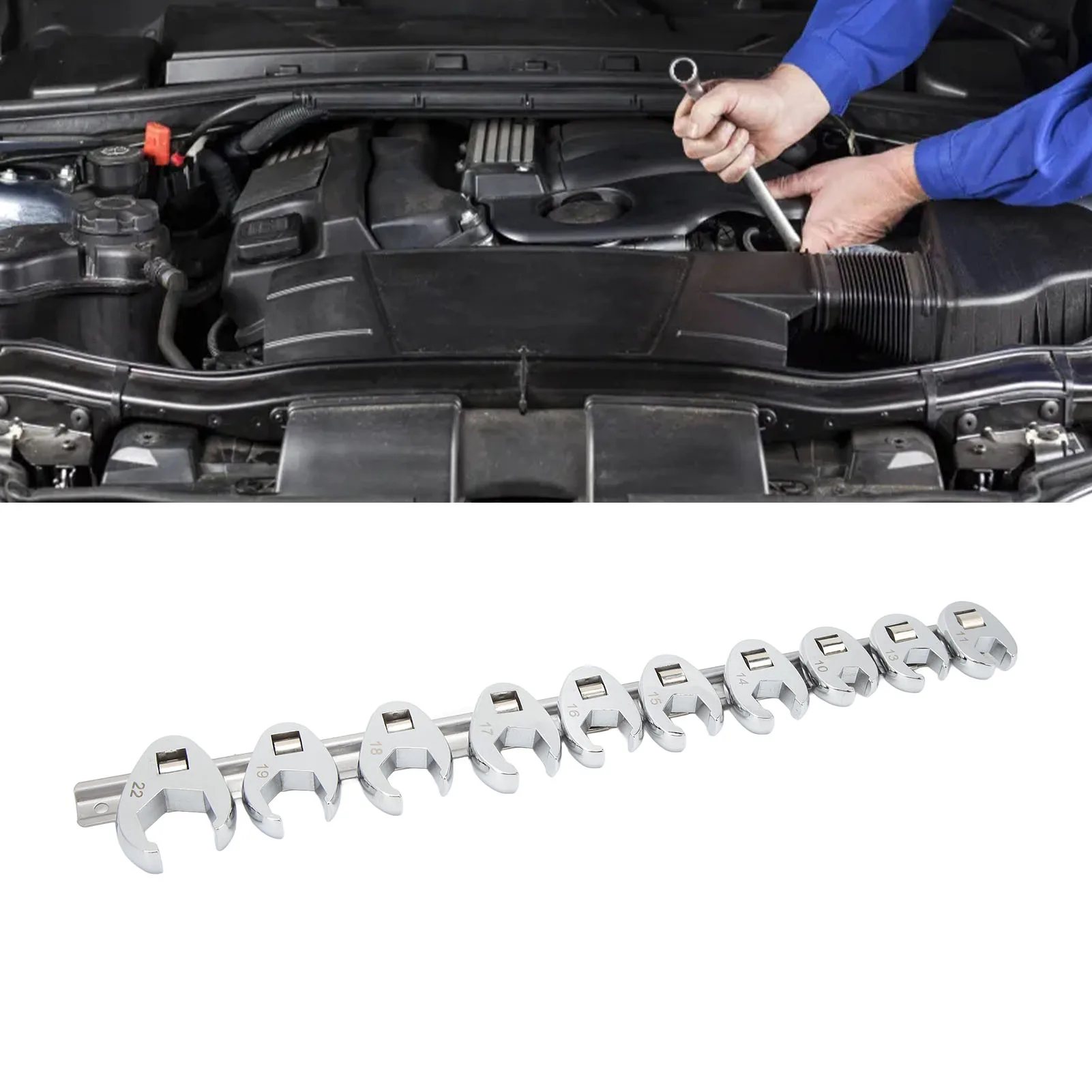 

Набор ножных ключей для ворон, размеры от 10 мм до 22 мм, метрический гаечный ключ для привода 3/8 дюйма, хромированные гаечные ключи с храповым механизмом