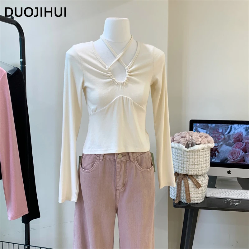 

DUOJIHUI Autumn New Sexy V-neck Chic Lace-up Women T-shirts Basic Solid Color Classic Long Sleeve Fashion Simple Female T-shirts