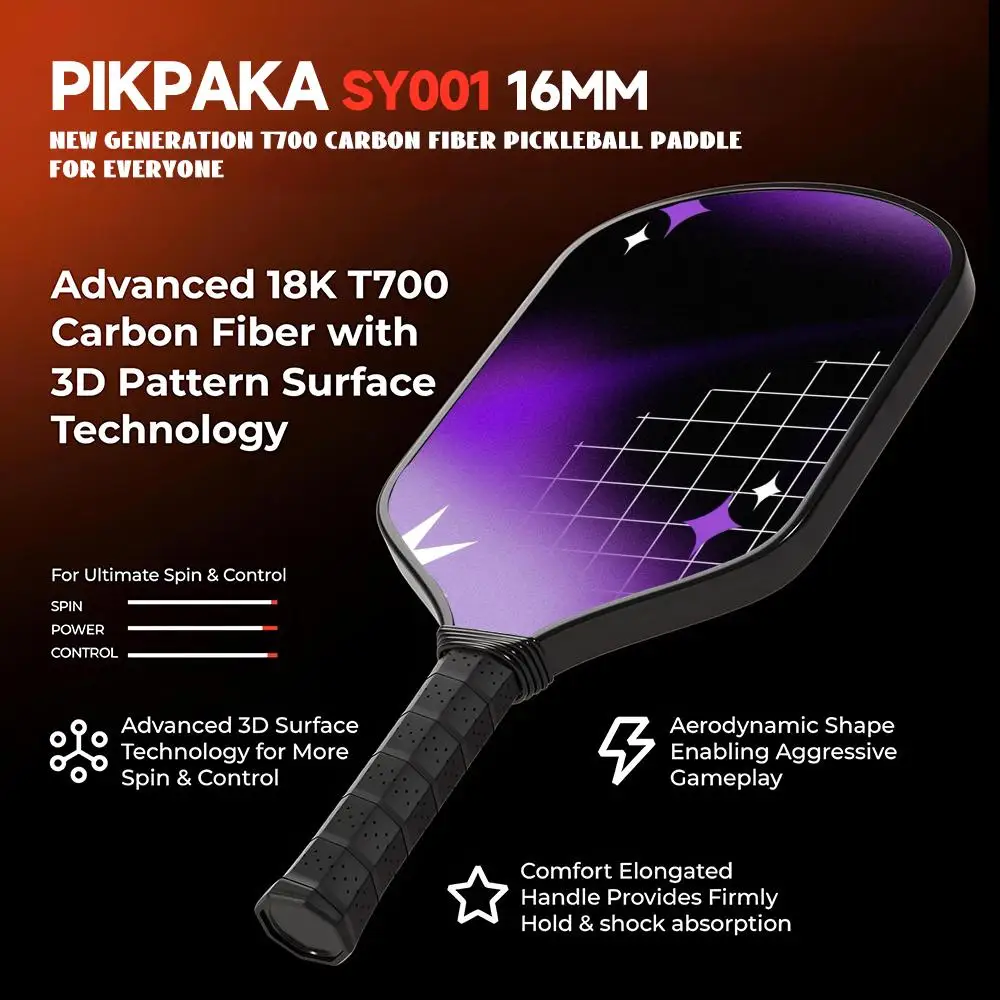Purple Star Pickleball Paddle Set USAPA goedgekeurd T700 koolstofvezel Unibody thermogevormd met 16MM honingraatkern Power & Spin