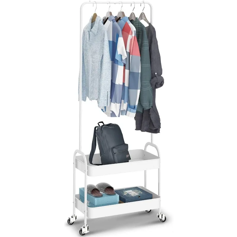 

2-in 1 Garment Rack, Clothing Rack with 2 Tier Metal Basket, Rolling Storage Cart Clothes Organizer Coat Rack Storage Stand