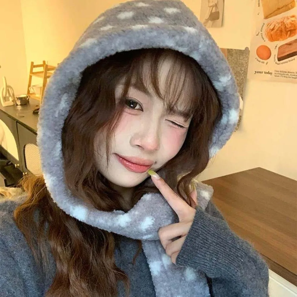 Integrated Design Hooded Scarf Hat Soft Fluffy Thermal Fabric Polka Dot Beanie Pull On Windproof Fleece Hooded Scarf Cute Girls