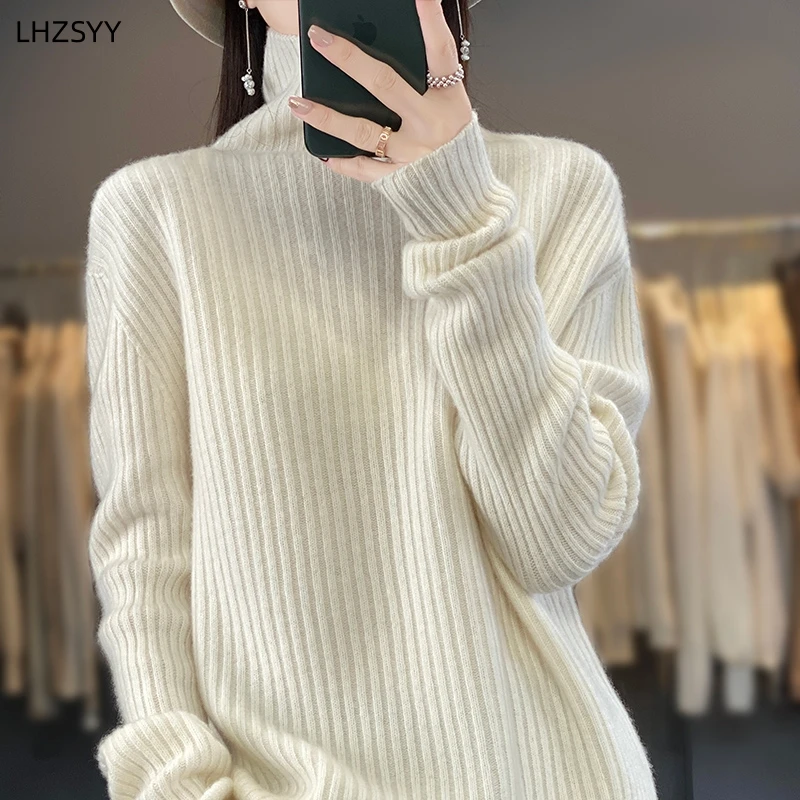 LHZSYY Autumn Winter New 100% Pure Wool Sweaters Women\'s Turtleneck Knit Base Shirt Loose All-match Warm Tops Cashmere Pullover