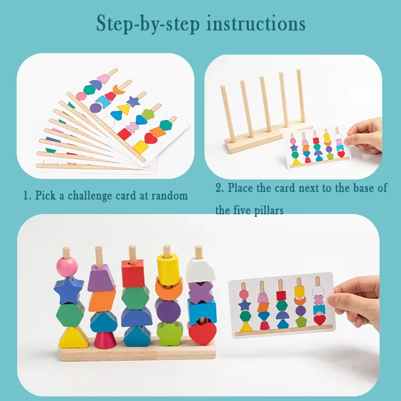 어린이용 다채로운 색깔 분류 장난감 무지개 기둥 모양 끈 연결 맞추기 교육용 나무 장난감 세트