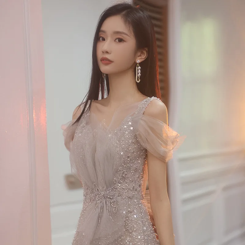 long Evening Autumn and Winter New Banquet Temperament Heavy Industry Light Wedding Engagement Toast Dress Hos