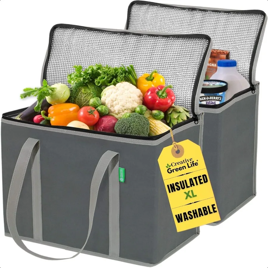 

Creative Green Life XL Insulated Reusable Grocery Bags 2Pack Premium Quality Cooler Bags with Hard Bottom Insert Stands Upright