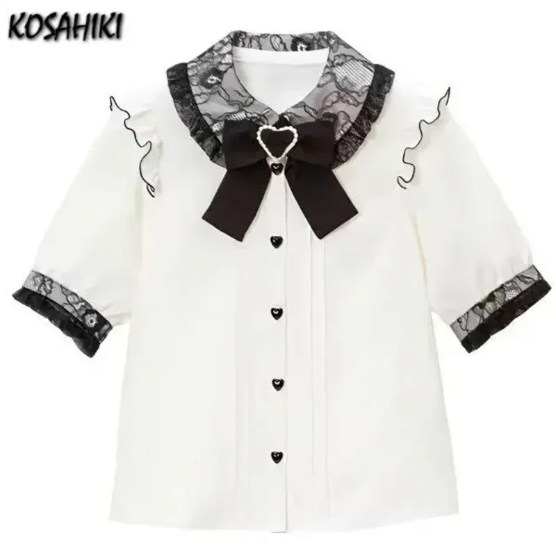 Camisa de manga curta Kawaii Lolita feminina, blusa de renda, blusa estética, todos os jogos, fofo, japonês, verão, Y2k, novo