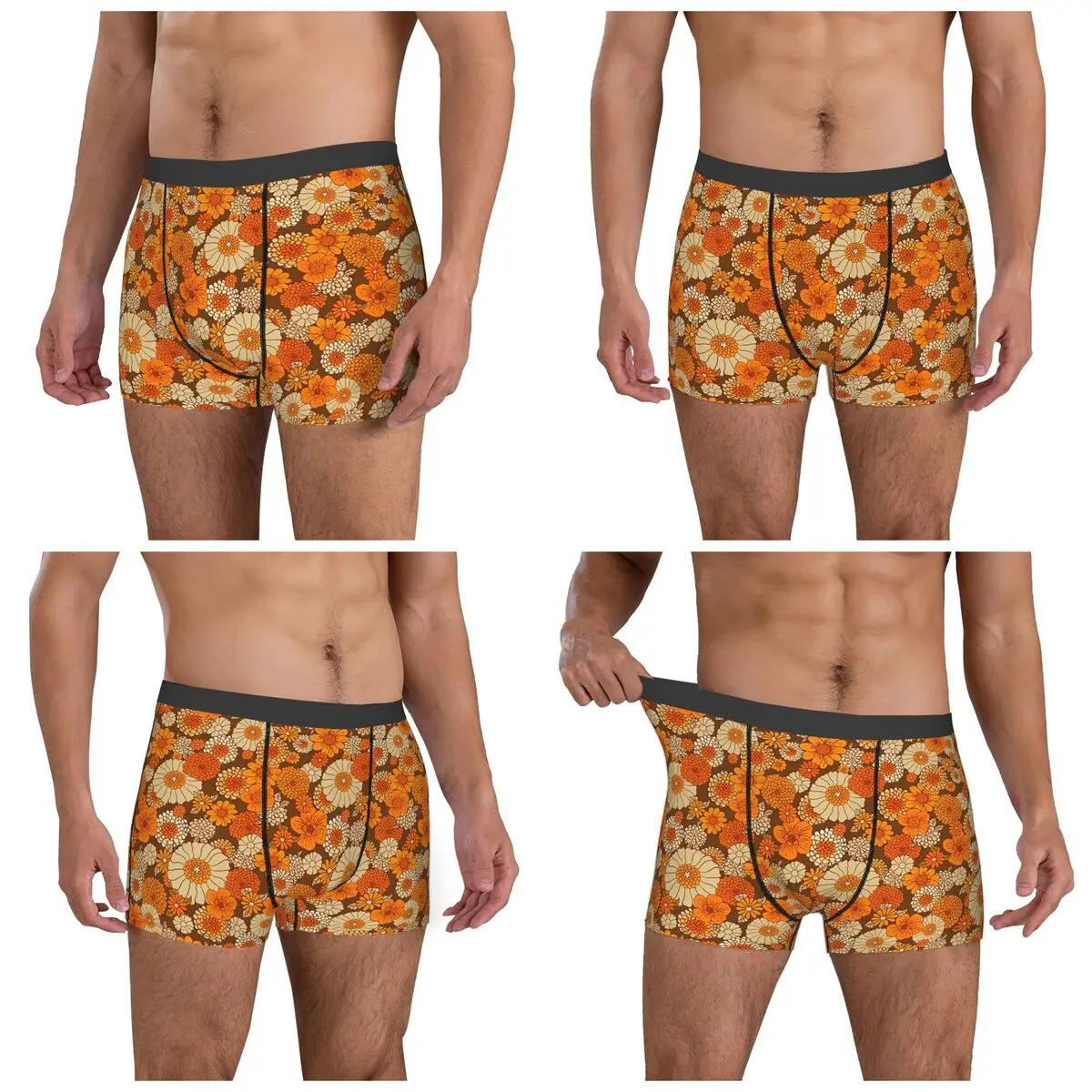 Boxer Underpants Shorts 70s Retro Daisies Vintage Flower Power Orange And Brown Boho Panties Men's Soft Underwear Homme Man Gift