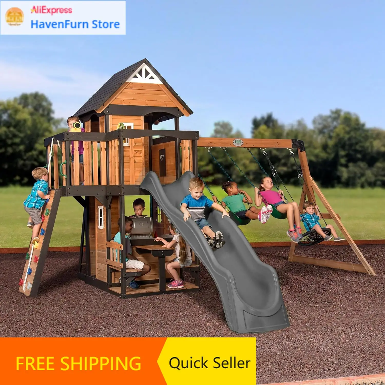 

Игровой комплекс Canyon Creek из кедрового дерева с волновой горкой, домиком, игровой кухней, зоной для пикника, ременными качелями, сетчатыми качелями, скалодромом