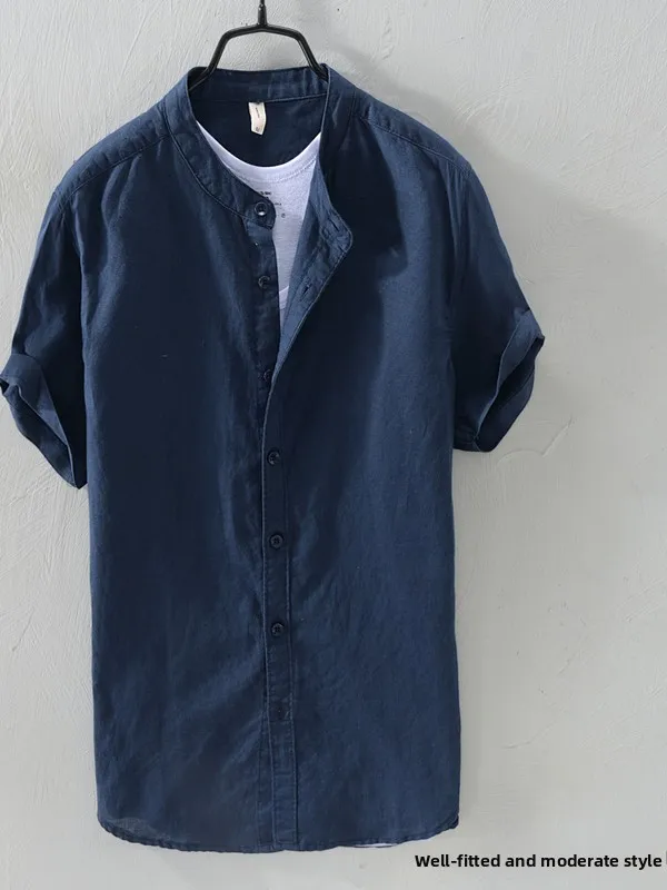 

Summer Casual Cotton Linen irt ort Sve Men's Stand Collar Loose Retro Thin Deep Blue Linen Coat Youth Beach Faion