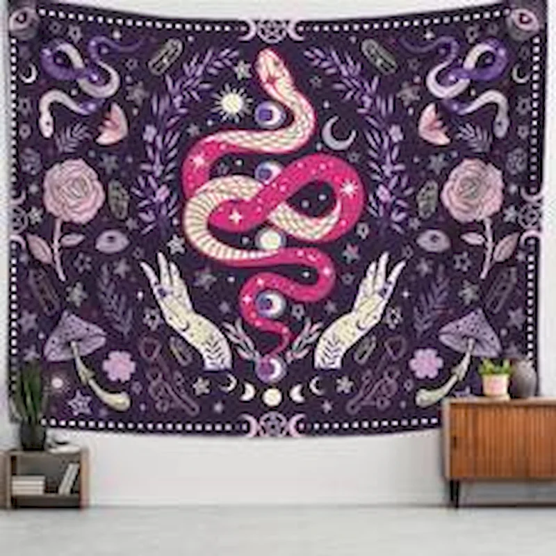 VIKAMA Purple Snake Moon Tapestry, Moth Floral Witchy Wall Hanging Home Decor, Boho Hippie Room Tapestry Decor