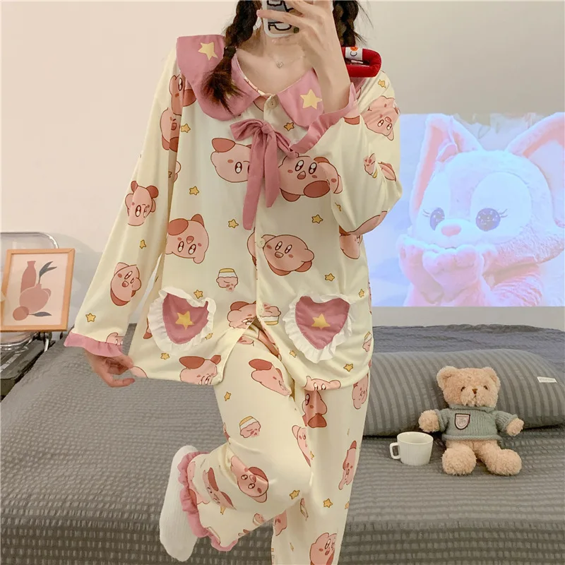 New Korean Women Homewear Peach Yellow Plaid Long-sleeved Long Pants Pajamas Women\'s Autumn Cute Milk Silk Pit Stripes Homewear