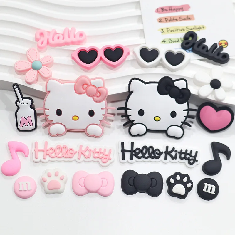 10/20pcs Pink & Black Relaxed Hello Kitty Cat Shoe Charms Set for Sandals & Slippers Accessories Girls DIY Decorative for Slides