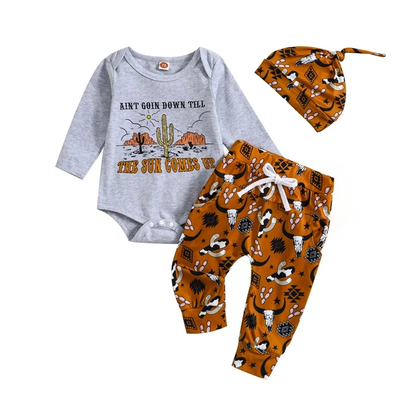 

Caoirhny Baby Boy Western Outfit Bull Head Print Long Sleeve Rompers and Elastic Pants Hat Set Fall Spring Clothes