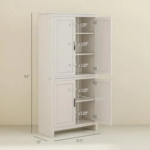 64' Kitchen Pantry Cabinet, Freestanding with 4 Doors, 3 Adjustable Shelves, Antique White