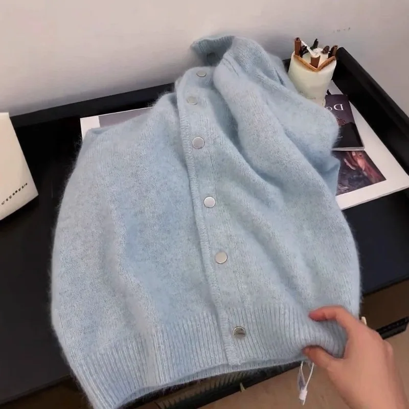 

Shpmishal 2025 Autumn and Winter New Gentle Soft Glutinous Blue Horse Sweater Knitted Cardigan Jacket Trend Female Clothing