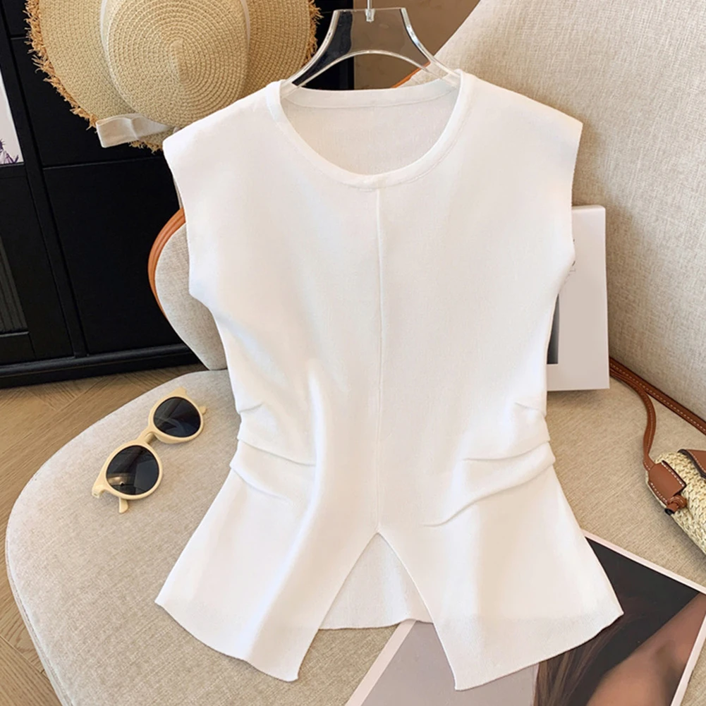 Ladies' Solid Color Knitted Fashionable Top Casual Design Split Sleeveless Top Slim Ice Silk Female Pinch Waist T-shirt