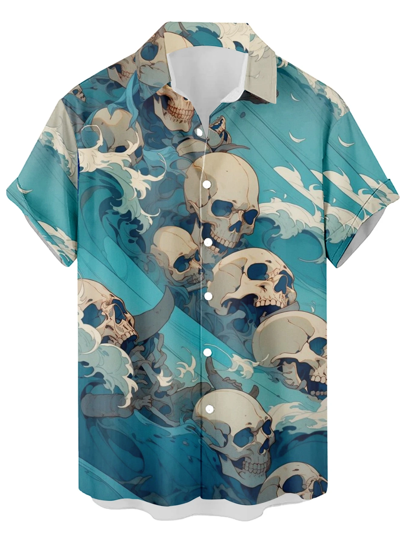 Tropical Pirate Skull Parrot Plumeria Sea Wave Pattern Unisex Short Sleeve Blouse Camp Collar Loose Vacation Shirt
