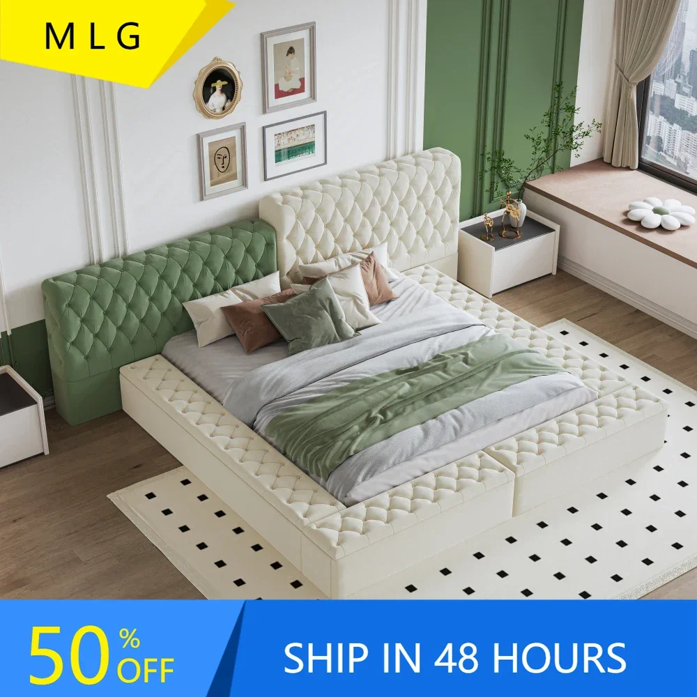 

King Size Upholstered Platform Bed，in Rails & Footboard,Upholstered Solid Wood Bed Frame for Bedroom, No Box Spring Needed
