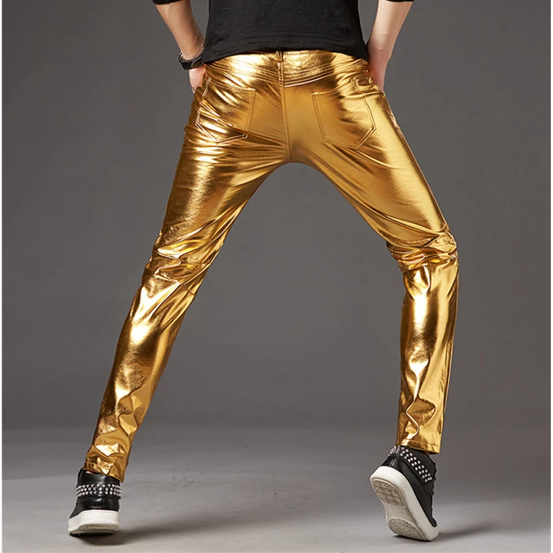 Silver Shiny Motorcycle PU Leather Pants Men Brand Skinny Disco Party Halloween Trousers Men Stage Prom Singer Costume Pants 3XL