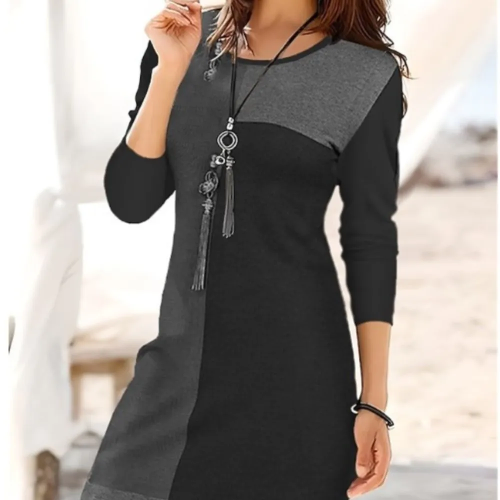 

Casual Loose Spliced ​​short Dress Daily Geometric Pattern Contrasting Spring And Summer Long-sleeved Round Neck A-line Dresses