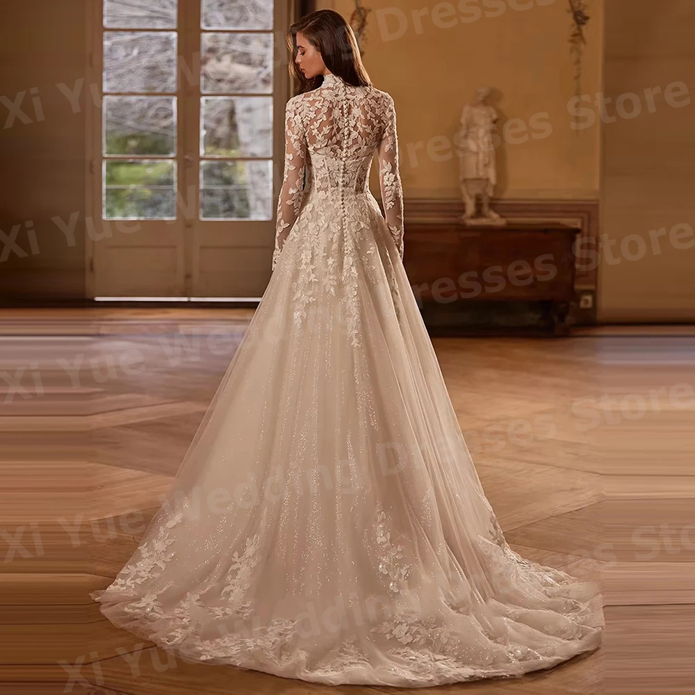 Fascinating A Line Women's Long Sleeved Wedding Dresses Vestido De Novia Lace Appliques Bride Gowns Customized Robe De Mariée