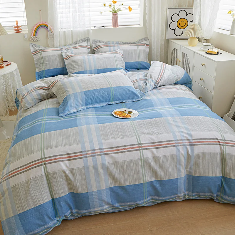 3PCS Blue Grey Gingham Cotton Duvet Cover Queen Set Simple Striped Plaid Comforter Covers with Zipper Closure Modern Bedding Set