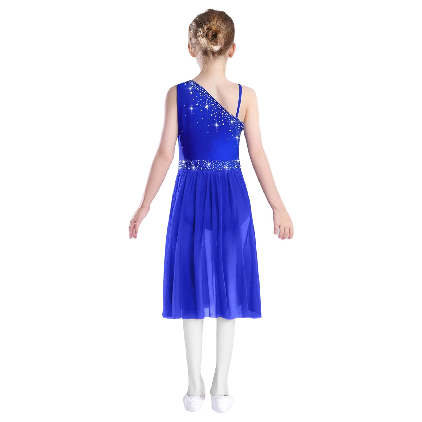 Kids Girls Shiny Rhinestones Modern Lyrical Dance Figure Skating Costume One Shoulder Sheer Mesh Ballet Gymnastics Leotard Dress