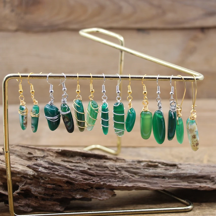 

Natural Green Agates Slice Earrings Hand Crafted Raw Stone Onxy Point Dangle Reiki Hook Eardrop Women Boho Jewelry Gift QC7030