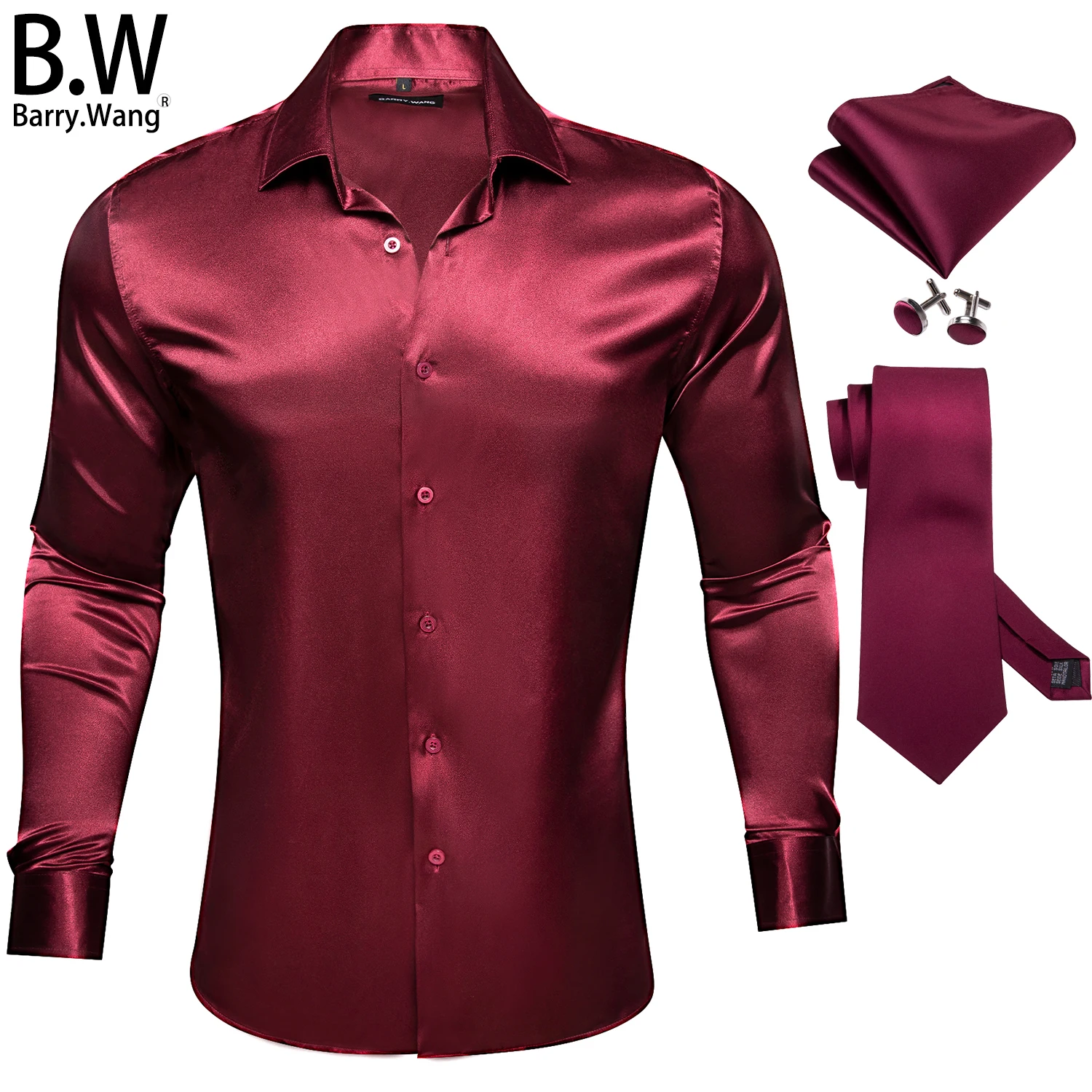 Barry.Wang-camisa de seda de cetim dos homens, gravata monocromática, Hanky abotoaduras, Jacquard, planície, mangas compridas, blusas masculinas, gravata, casamento, negócio