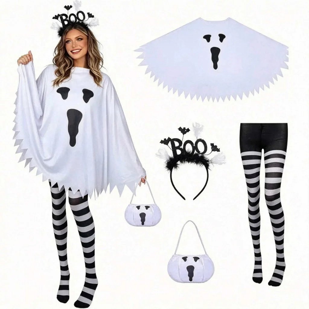Halloween Ghost Costume Women Adult Fancy Dress Set White Cape Cloak Striped Tights Boo Headband Cosplay Party Outfit