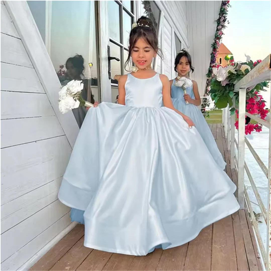 Sukienka komunijna z białą sukienką dla dziewczynki sypiącej kwiatki na wesele, rozmiary 2-14, dekolt okrągły, odkryte plecy, pierwsza kokarda/tren, sukienka na przyjęcie urodzinowe szyta na miarę.