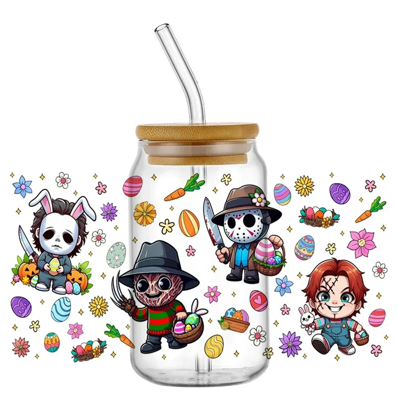 

Horror Movie Easter Egg 16oz UV DTF Mug Wraps Cartoon 3D Transfer Sticker for Libbey Glasses Cup Waterproof DIY Sticker