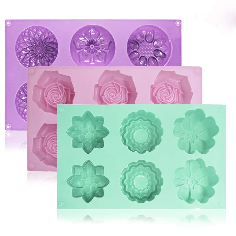 3 Packs Mixed Silicone Flower Shape Cake Mould 6-Cavity flowers Silicone Molds for Homemade Soap Cake Chocolate Ice Cube Trays