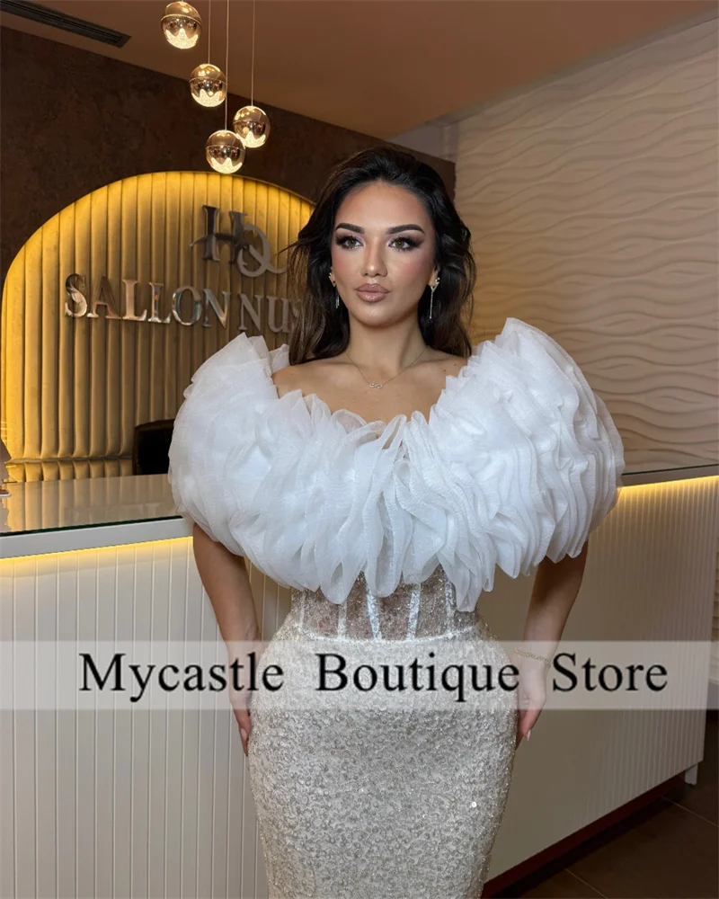 White Sequins Lace Puffy Sleeves Evening Dresses 2025 Beaded Mermaid Prom Dress Long Personalized Birthday Party Gown Customized