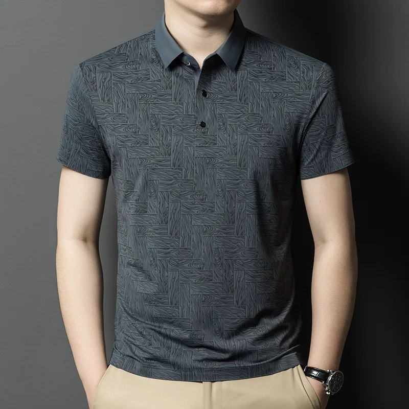 

Ice Silk Thin Short Sleeve Men's Shirt Summer Check Print Elastic Casual Mid-Year Cool Half Sleeve T-Shirt Polyester Fiber