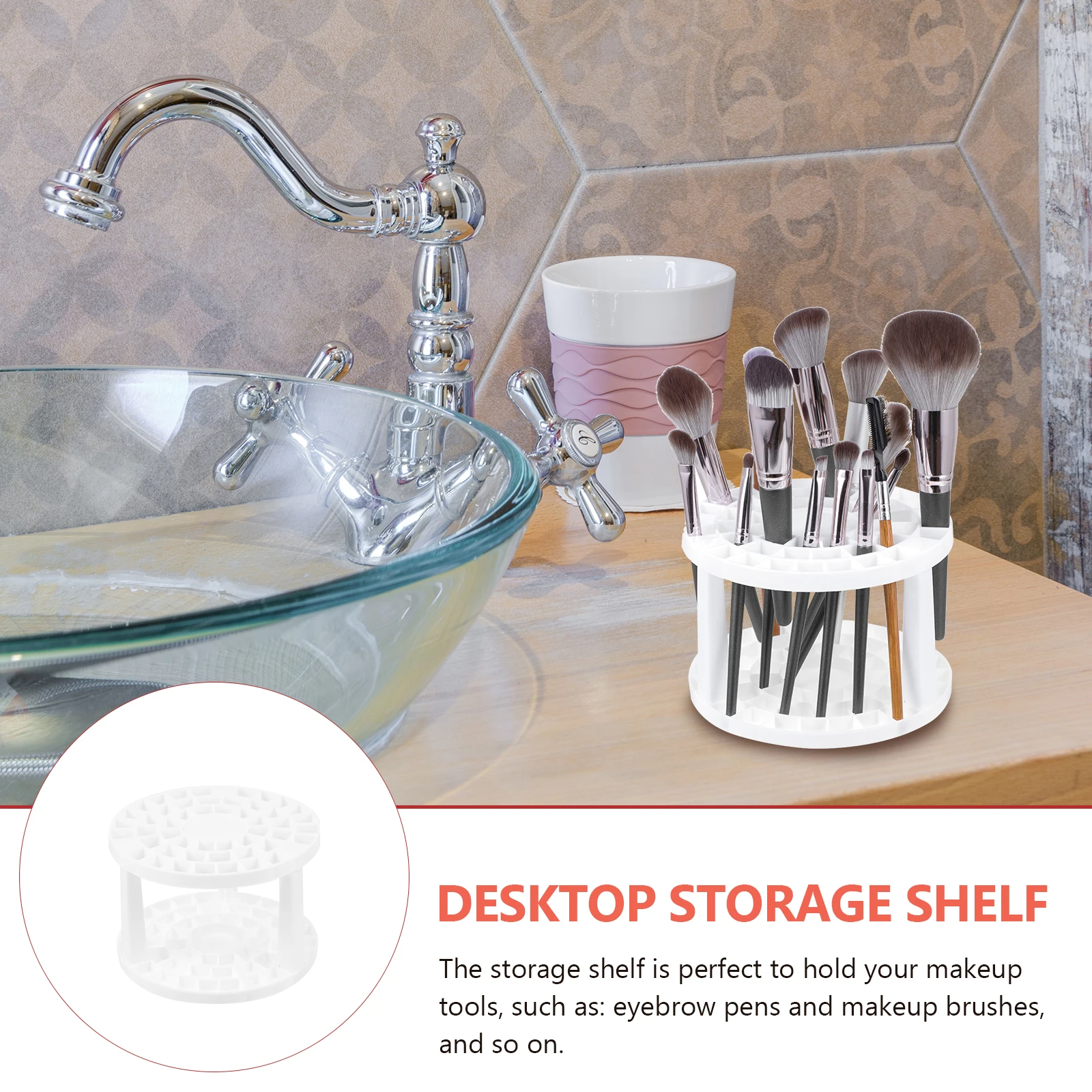 ชั้นวางของบนโต๊ะทำงานที่มีสไตล์สำหรับจัดเก็บเครื่องสำอางและอุปกรณ์เสริม ช่องใส่ของหลายช่องสำหรับจัดระเบียบแปรงแต่งหน้า ปากกาเขียนคิ้ว และอุปกรณ์เครื่องสำอาง