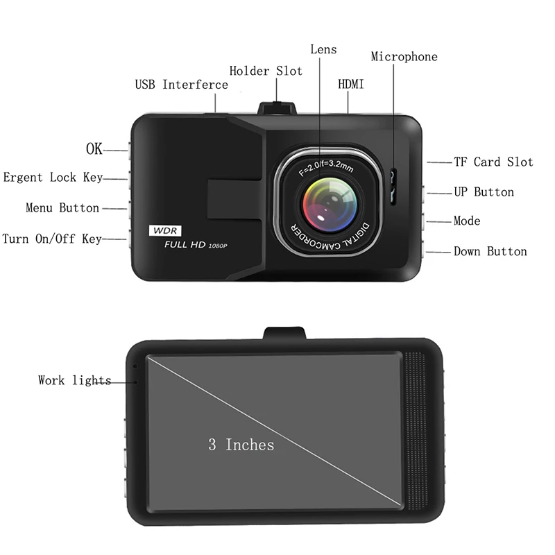 Vehicle Dash Cam For Car 3-Inch 1080P LCD Wide Angle Driving Recorder High-definition Night Vision Car DVR Dash Camera Video