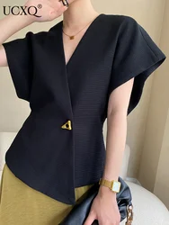 UCXQ Irregular Metal Buttons Short Sleeve V-neck Women Shirt  Casual Black Vests Tops Female Fashion Tide Summer 2023 New A1922