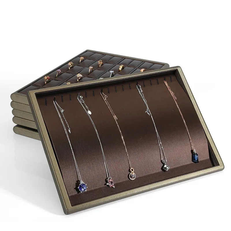 

Brown 12 Slot Jewelry Organizer Tray PU Cool Bracelet Necklace Show Tray Rings Pendant Display Stand