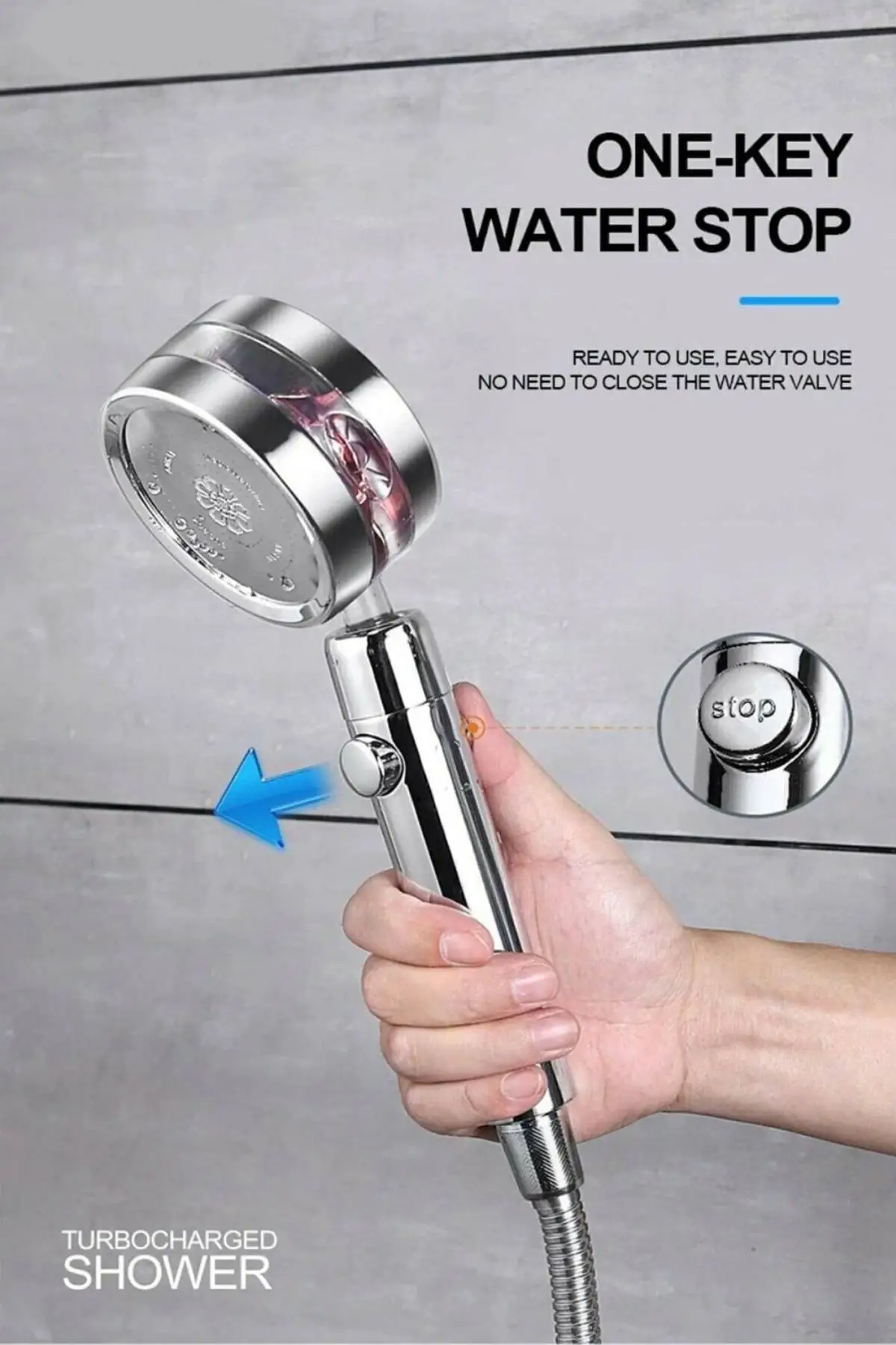 360 Degree Rotating Turbo Propeller Forced Shower Head Star Stop with On/Off Button